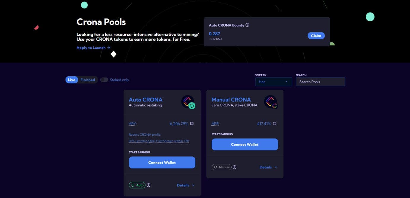 Launch Pools: lo stake di token CRONA su CronaSwap