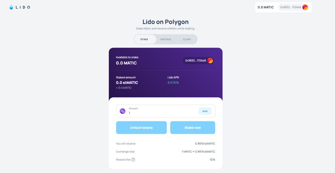 Liquid staking Polygon MATIC su Lido