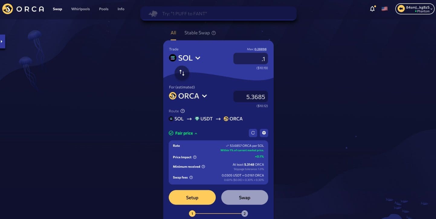Swap di token e coin su Orca